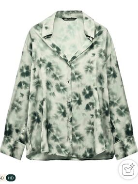 Zara Green Tie-Dye Satin Button-Front Shirt